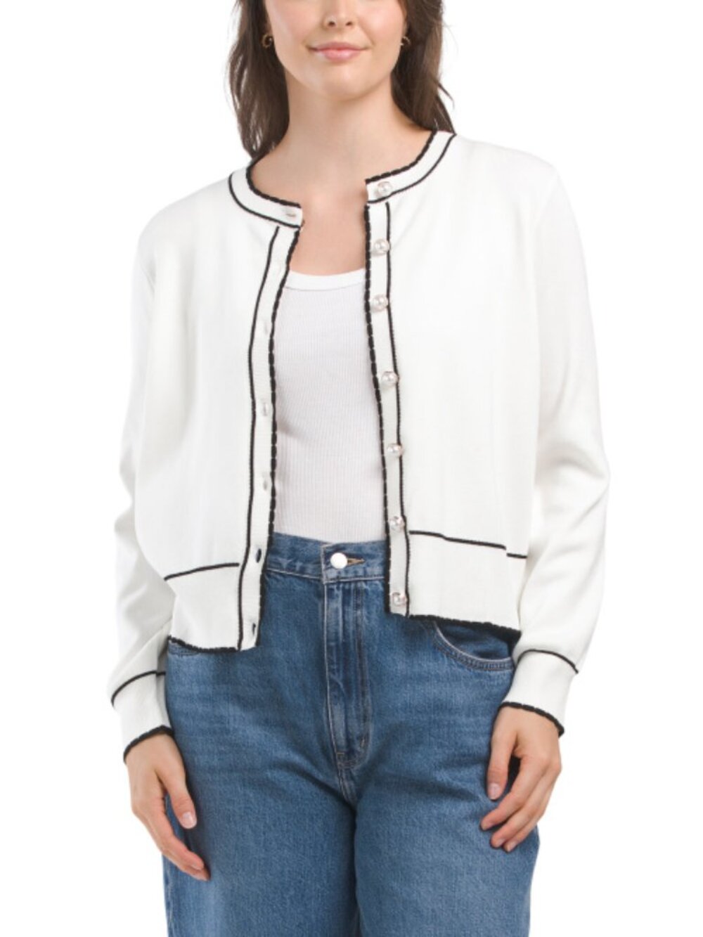 NWT Adrianna Papell Ivory & Black Tipped Pearl Button Front Cardigan Size S